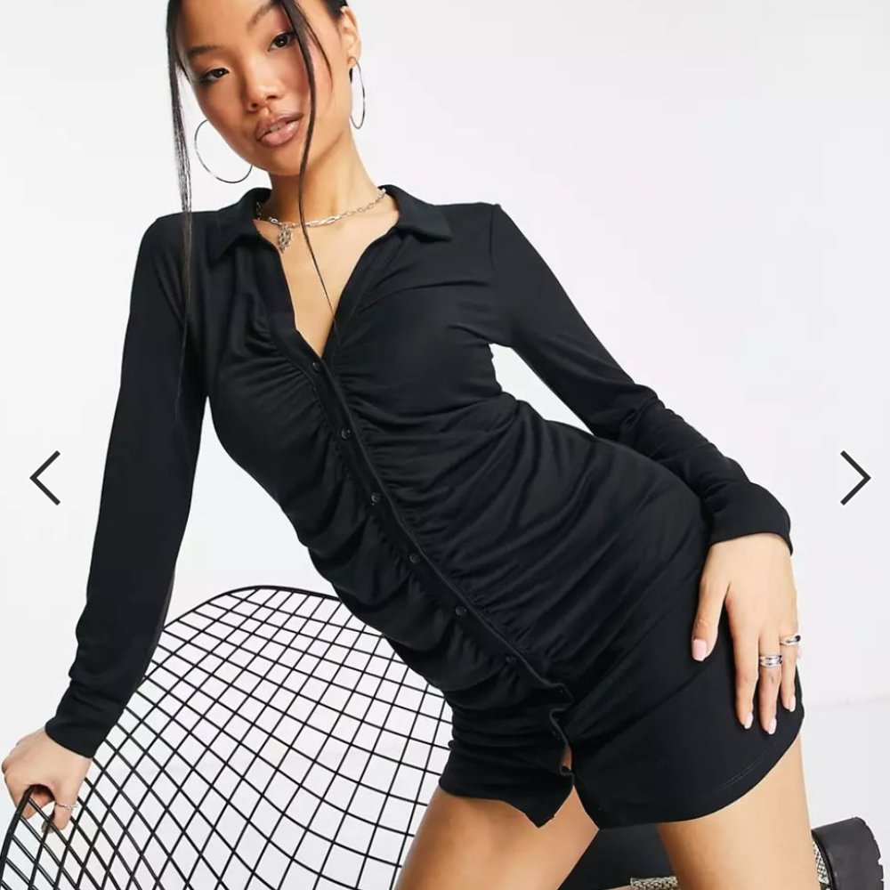 NWT Topshop Petite Black Dress w Collar & Ruched front, Size 2